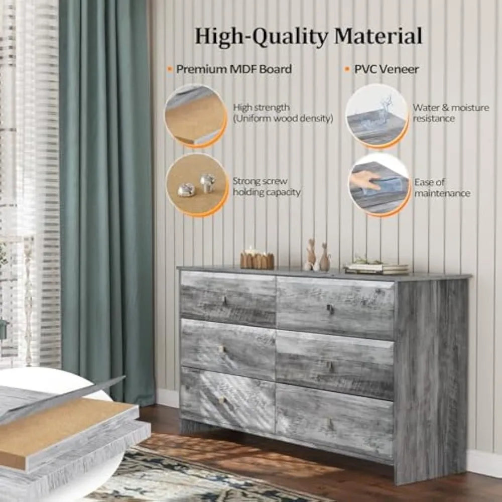 DANNA Rustic Grey 6-Drawer Wood Dresser - 53.9" Wide