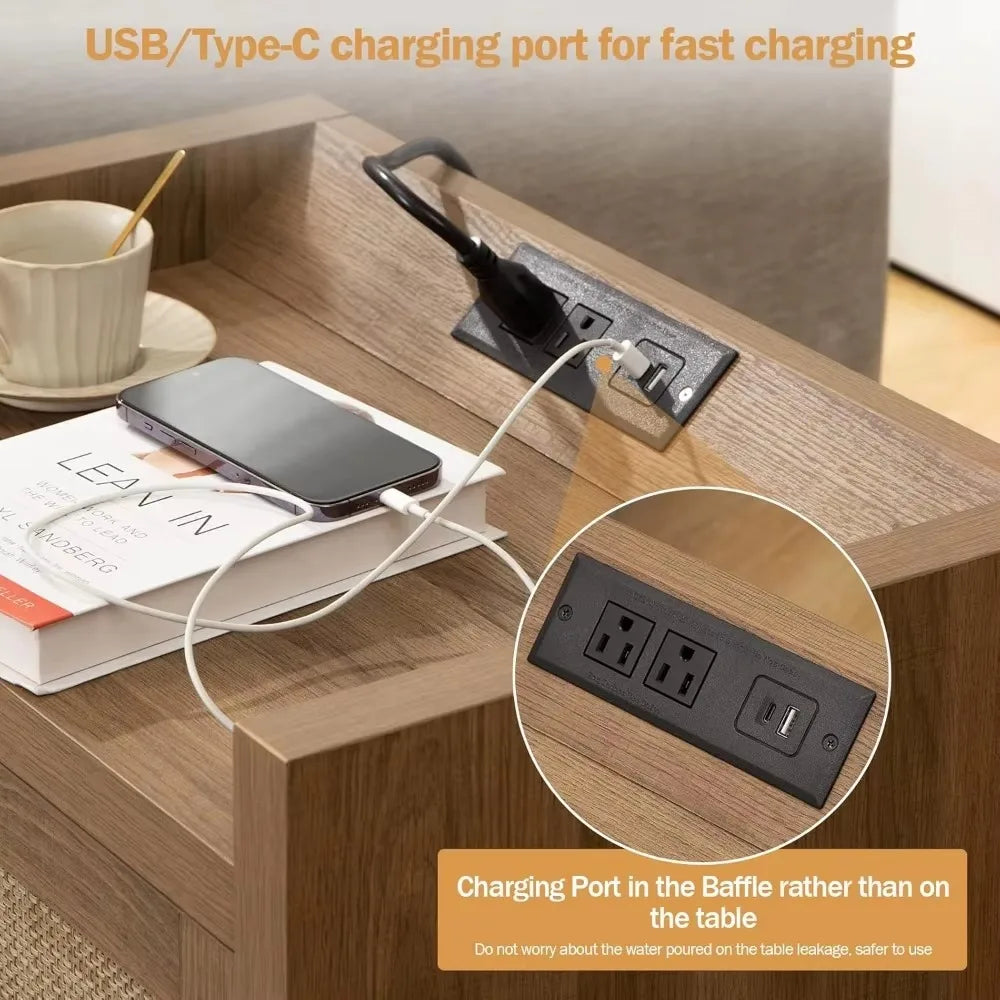 WYNTER Wide Bedside Table with Type-C Charging, 2 Drawers & Open Shelf