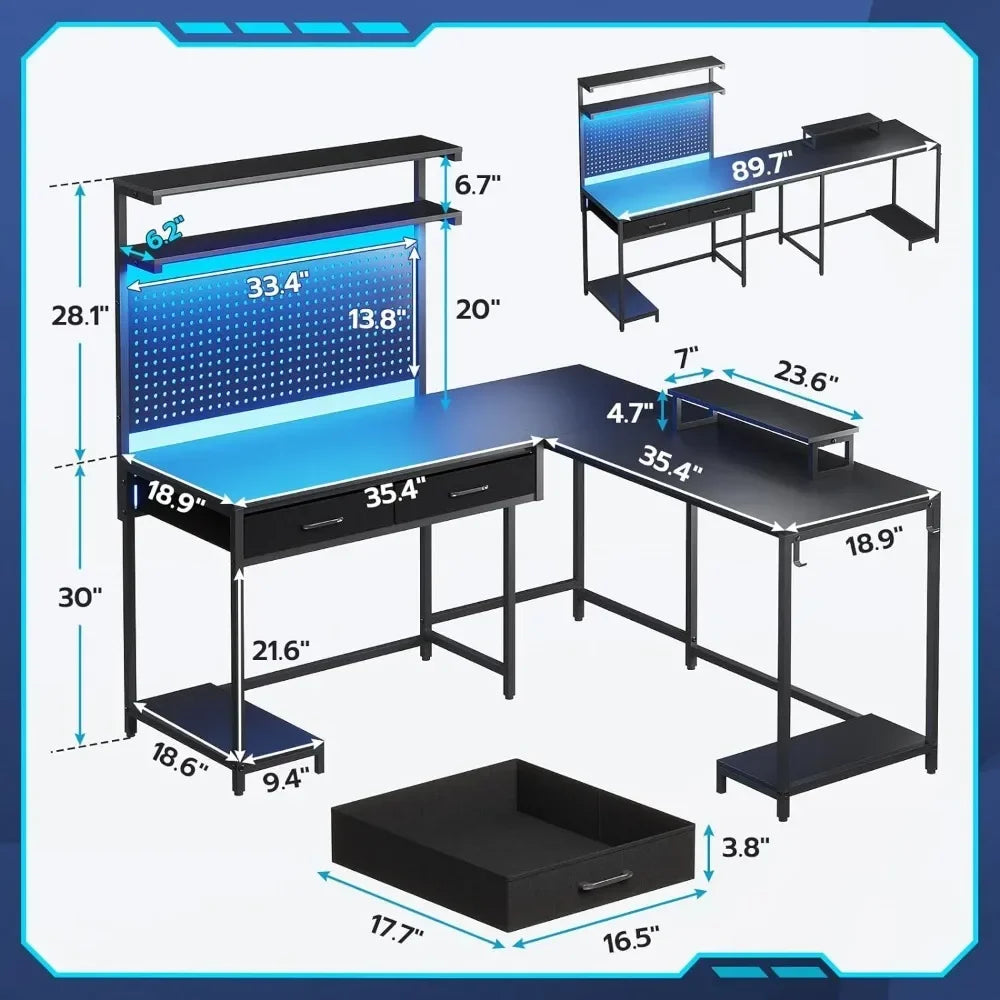 EMMA Gaming Desk with LED Lights, Pegboard, Drawers & Monitor Stand - 54.3"W