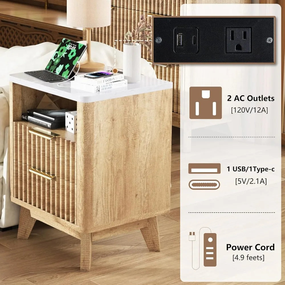 LUCIANA Fluted Farmhouse Nightstand Set of 2 with Charging Statio