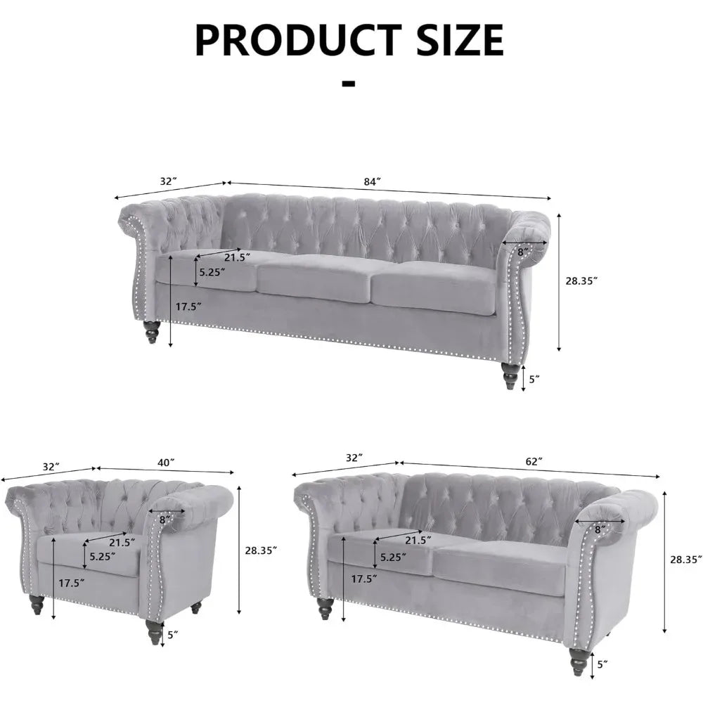 LYDIA Velvet Chesterfield Living Room Sofa Set – Club Chair, Loveseat & Sofa – 32" W