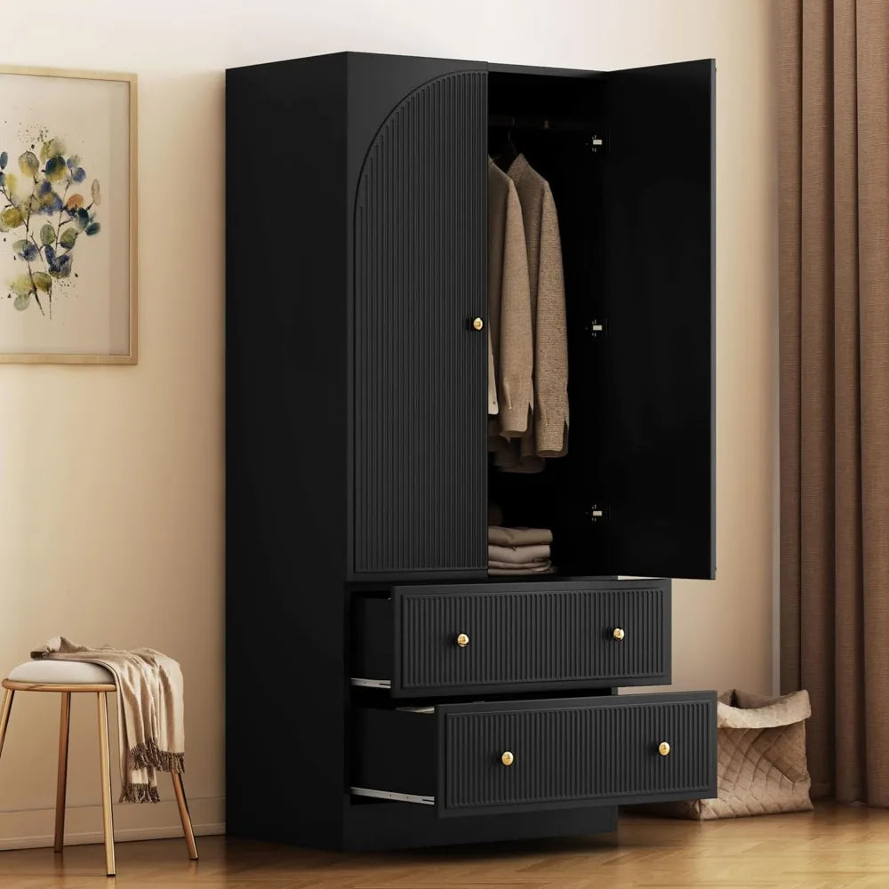 XIOMARA Modern Arched Groove Wardrobe Armoire – Freestanding 2-Door Closet with Drawers & Hanging Rod
