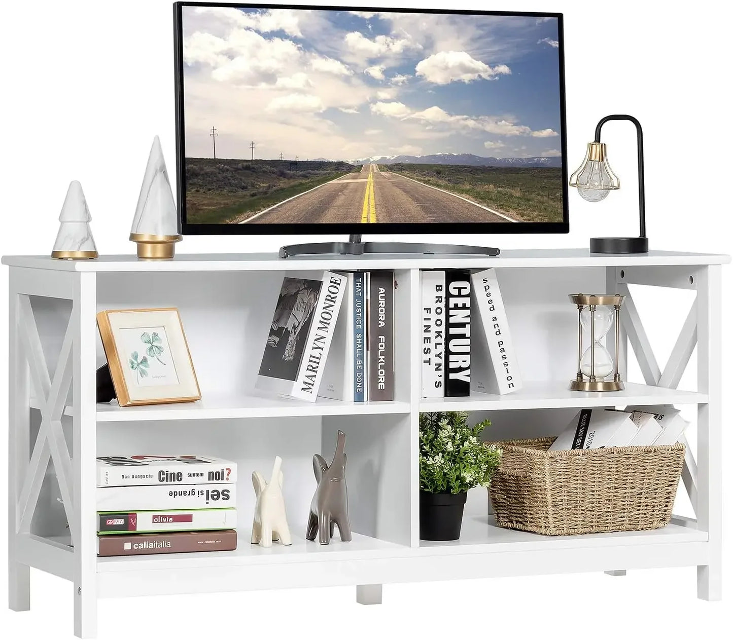 TV Stand for TVs up to 55 Inches, 47" Farmhouse Entertainment Center with 4 Open Shelves & Built-in Cable Holes