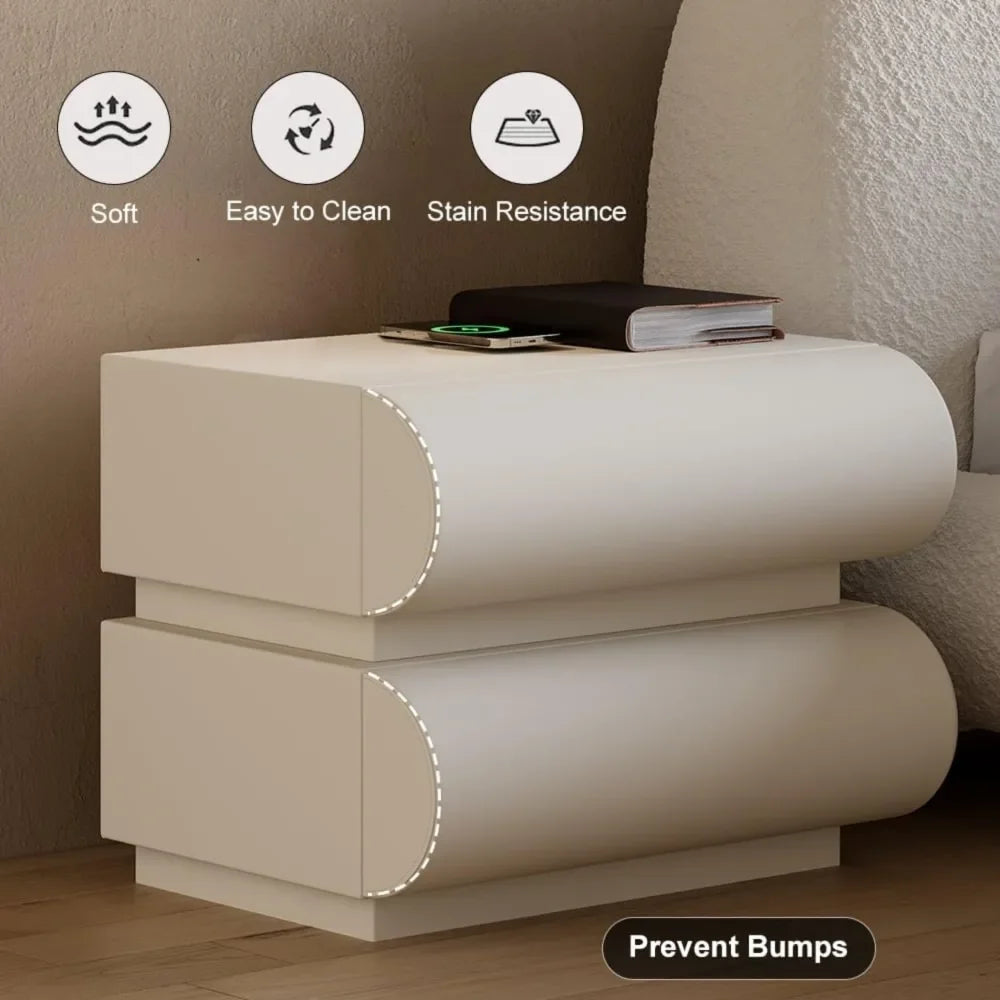 REBECCA Modern White Leather Smart Nightstand - 18'' Bedside Table with Wireless Charging & 2 Drawers