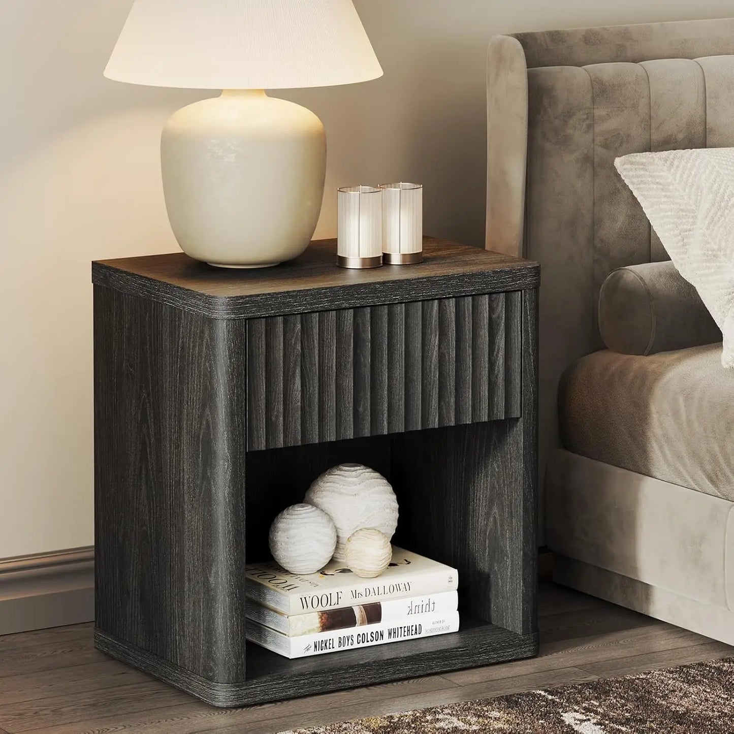 JOURNEY Modern Wood Nightstand with Drawer Storage - 22.7" Wide