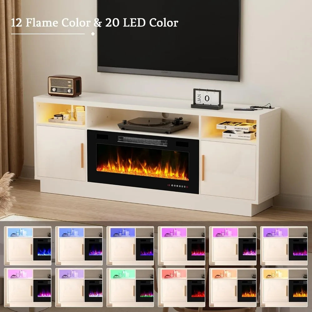36'' Fireplace-LED Light Entertainment Center for TV-White TV Cabinet with Storage, Modern TV Console for Living Room