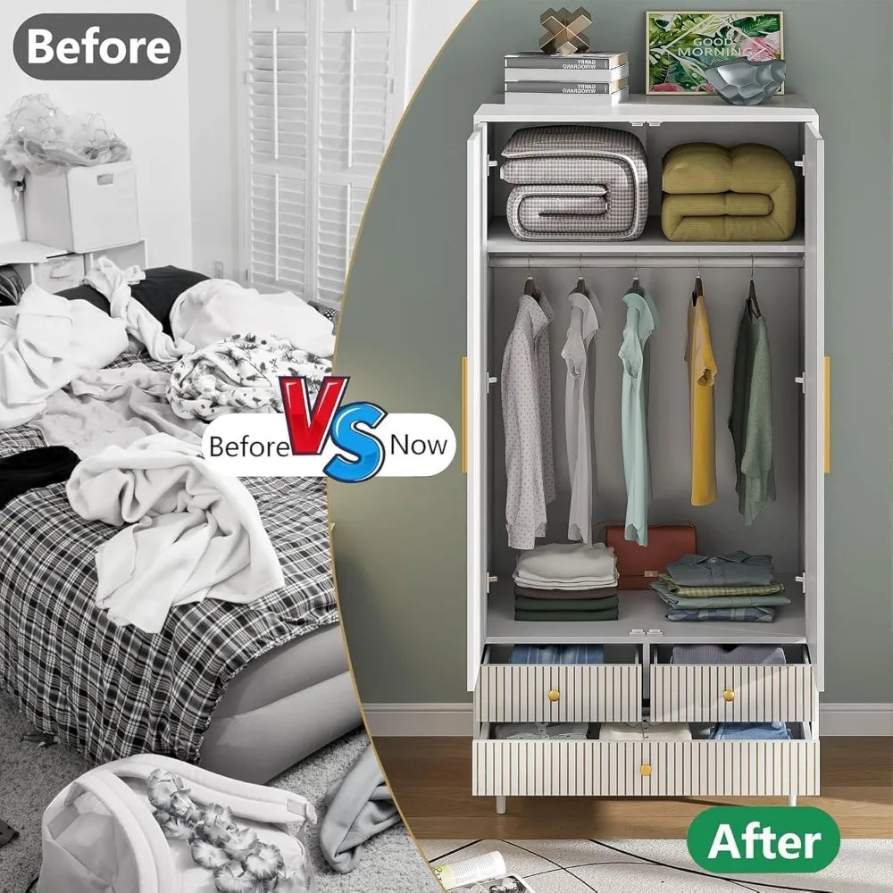 SUNNY Modern Fluted Double-Door Wardrobe Closet Set – 63'' Wide Wooden Bedroom Armoire