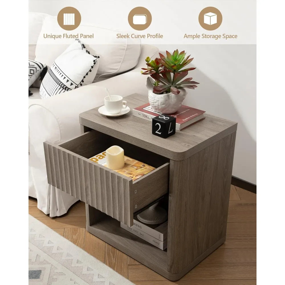 JOURNEY Modern Wood Nightstand with Drawer Storage - 22.7" Wide