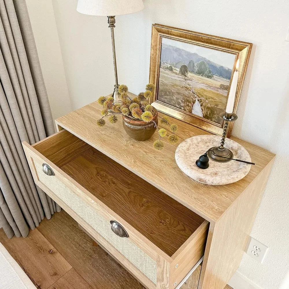 LONDON Boho Rattan Nightstand Set - 3-Drawer Woven Cane Dresser for Bedroom & Living Room - 31.5''