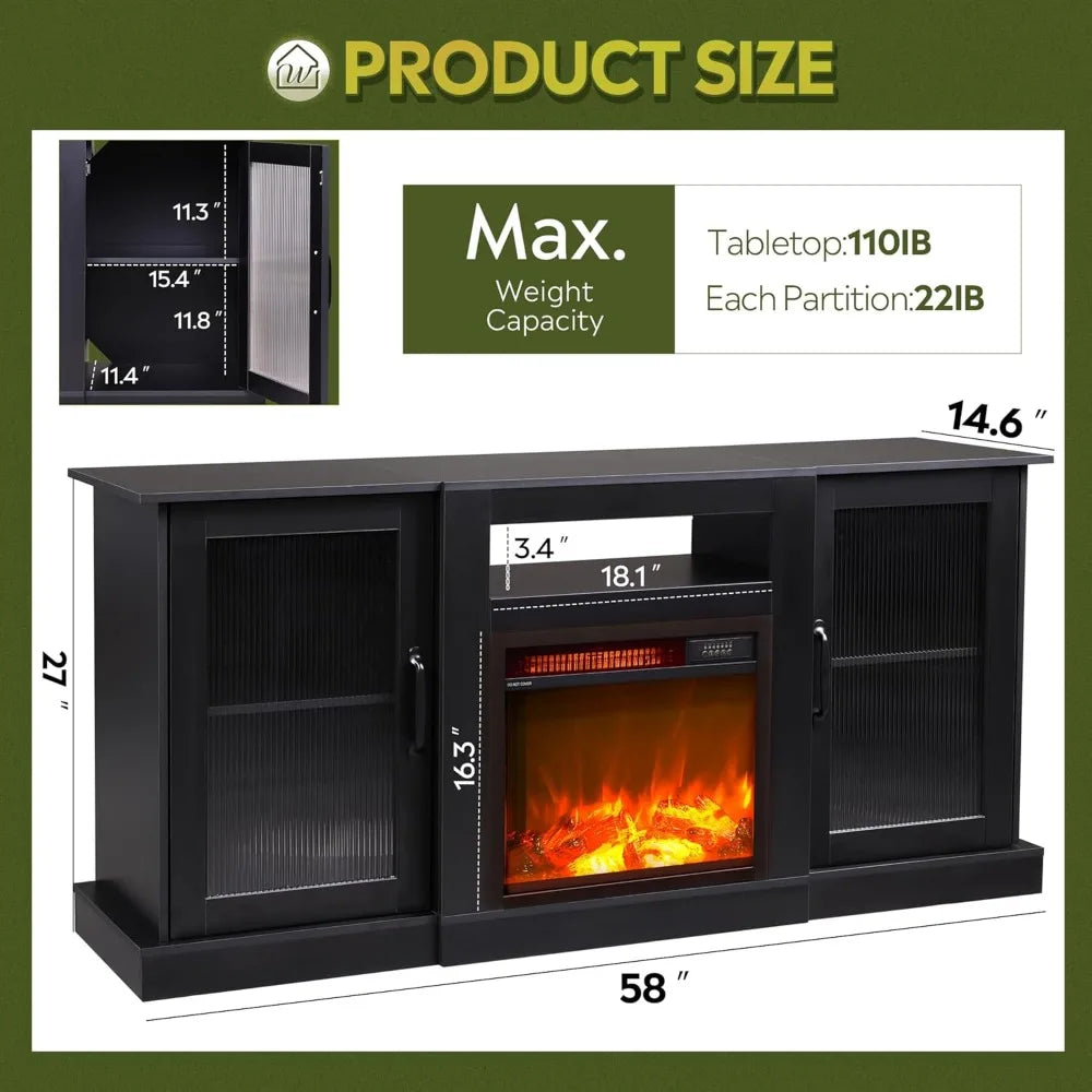 TYLER Retro TV Stand with Fireplace, Entertainment Center - 58" W