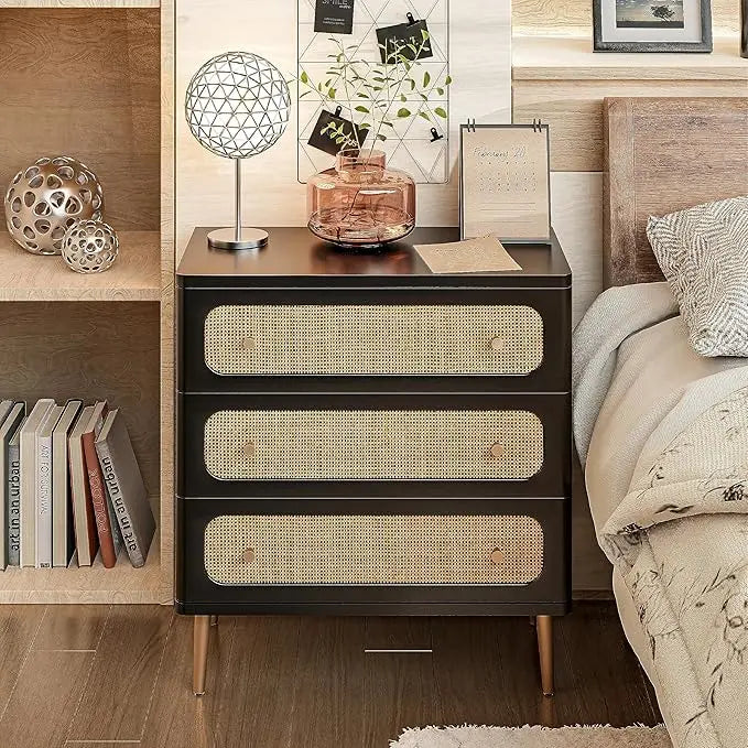 MEADOW Boho Rattan 3-Drawer Dresser - Farmhouse Wooden Storage Cabinet 26"W