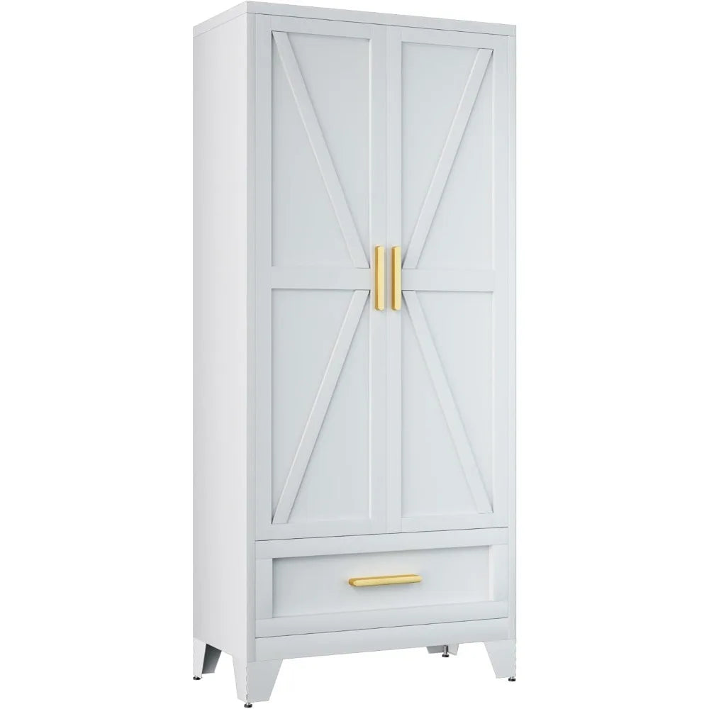 JOY Metal Barn Door Wardrobe Closet with Drawer – 31.5" Wide Steel Armoire