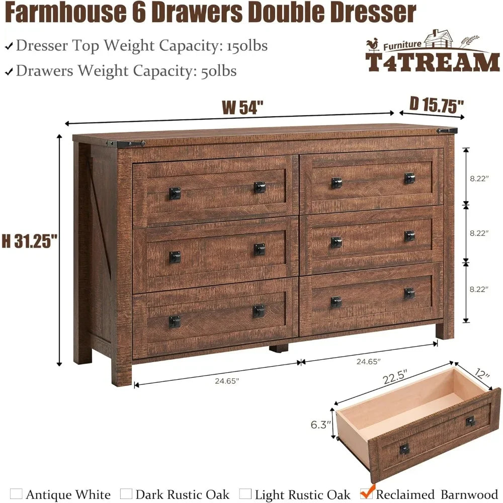 KYLIE Farmhouse Wide Rustic 6 Drawer Dresser - 54'' Wood Storage Chest for Bedroom