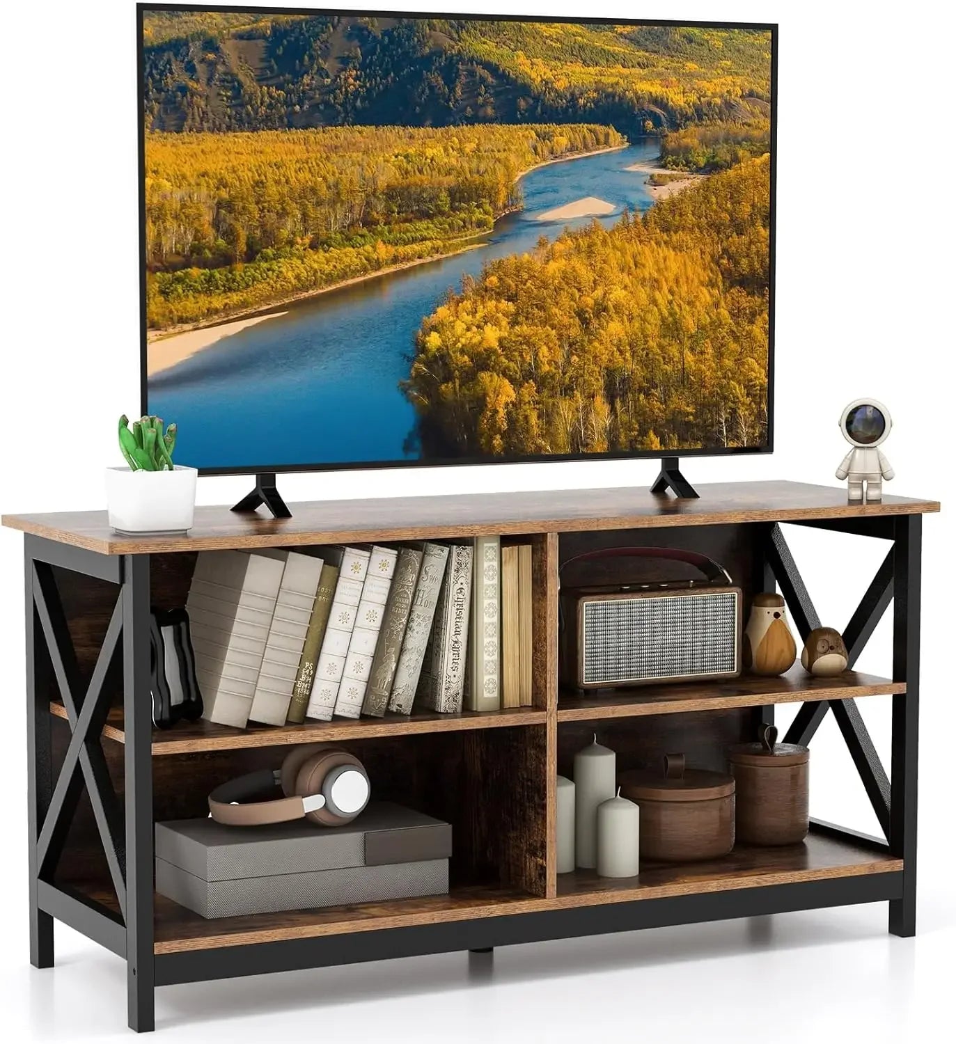 TV Stand for TVs up to 55 Inches, 47" Farmhouse Entertainment Center with 4 Open Shelves & Built-in Cable Holes