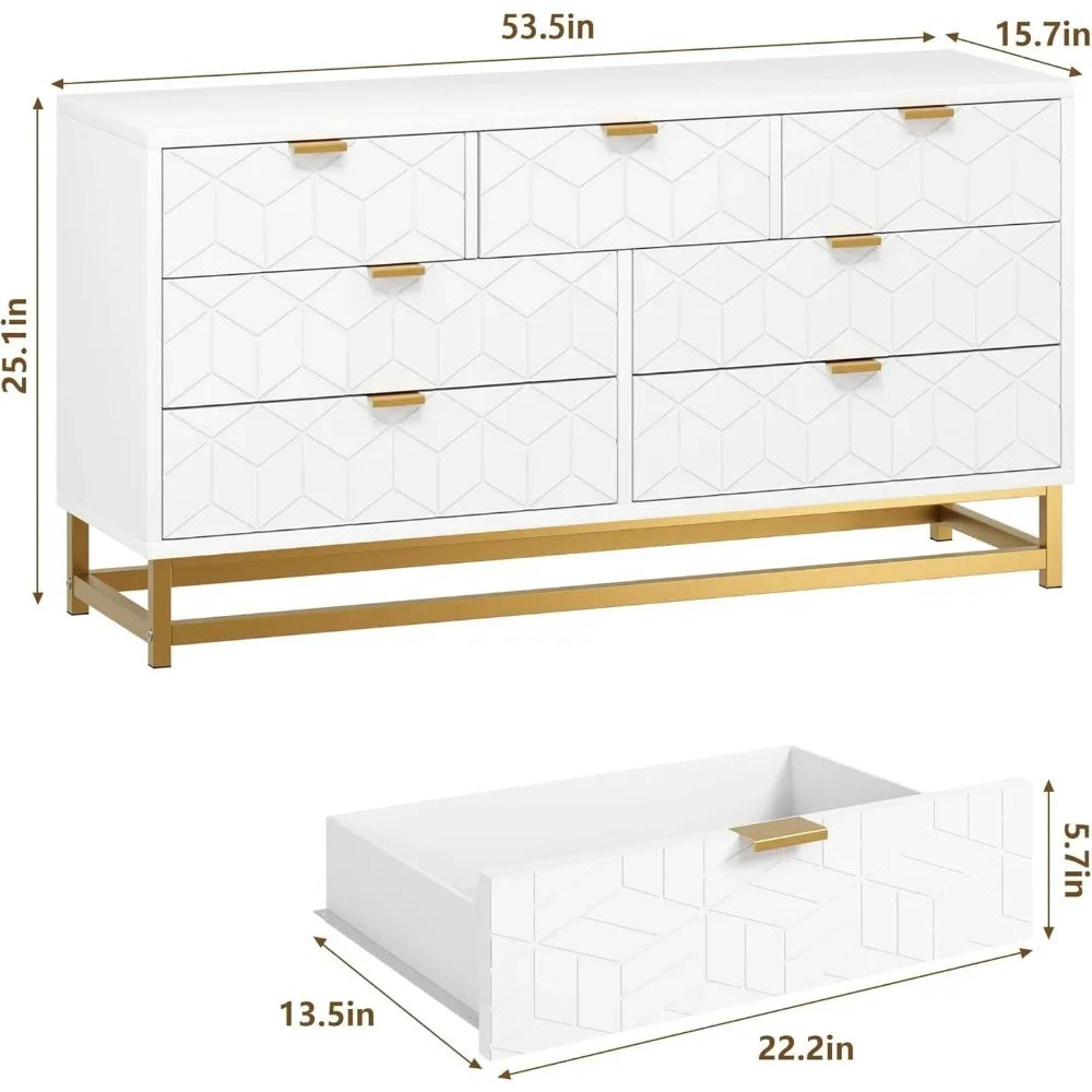 EVANGELINE Modern Geometric 7-Drawer Dresser - 53.5" Wide Storage Chest with Gold Metal Legs