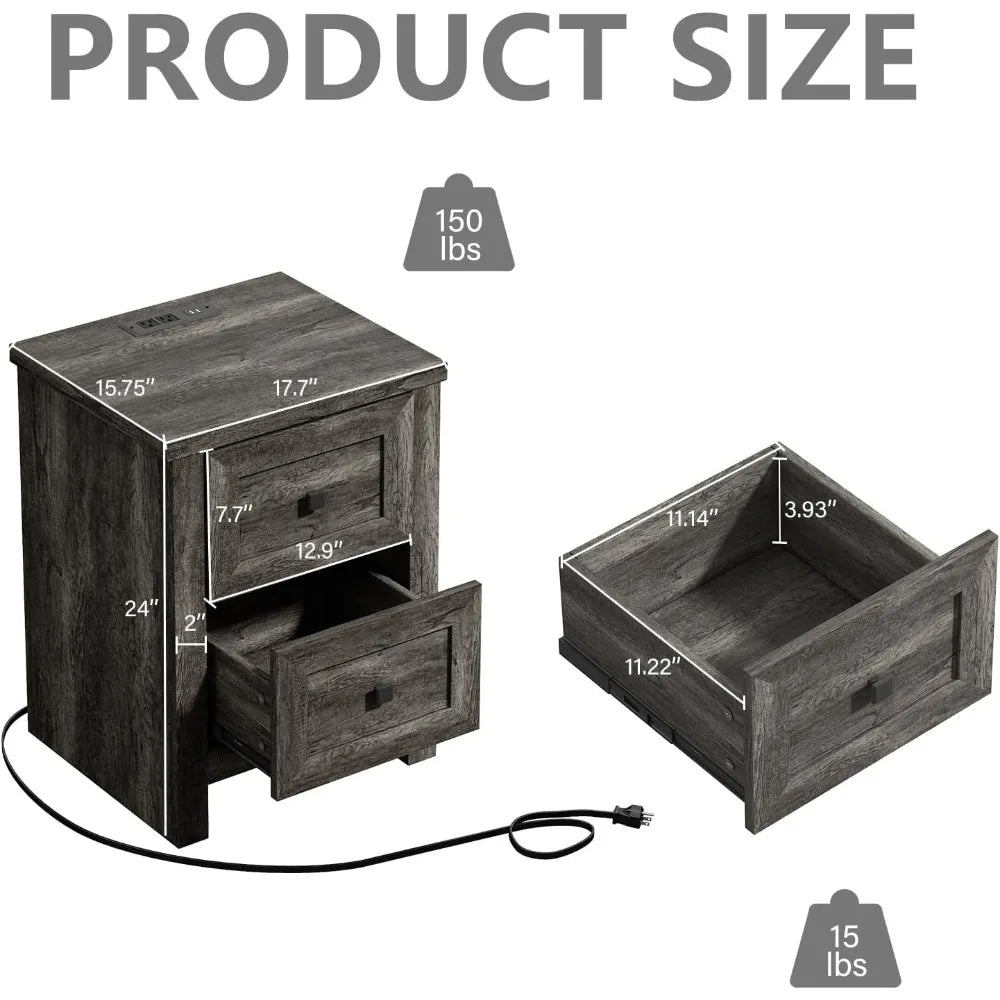 LAILA Nightstand Set of 2 - 17.7" Wide Wood End Table with Charging Station & Storage Drawers
