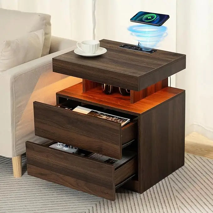ROSEMARY Nightstand with Wireless Charging Station – 19.7" Wood LED Bedside Table with 3 Drawers
