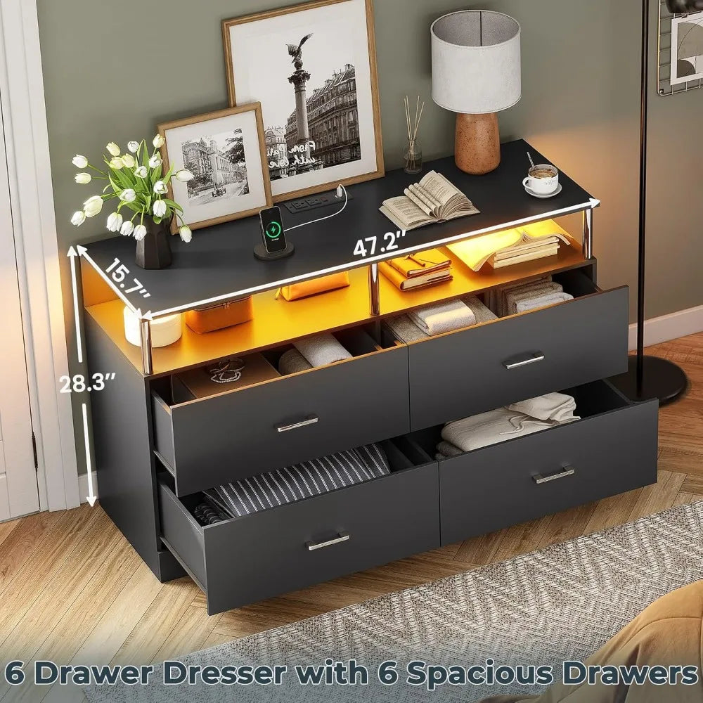 TAYLOR Modern LED Bedroom Dresser – 4 Drawer Storage Chest with Column Design & Charging Station
