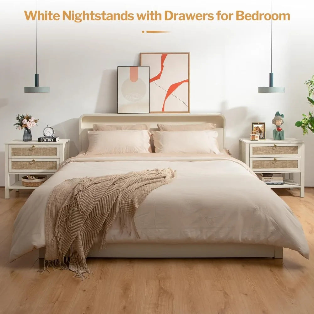 VANESSA White Boho Rattan Nightstand with Drawers & Storage Shelf - 26.7" Wide Bedside Table