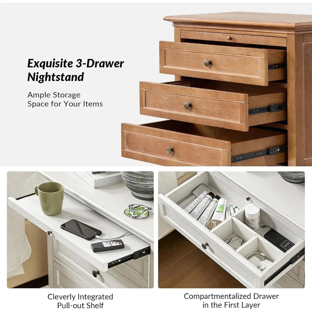 REGINA Farmhouse Nightstand Set of 2 with Charging Station, Pull-Out Shelf & Solid Wood Legs - 27''