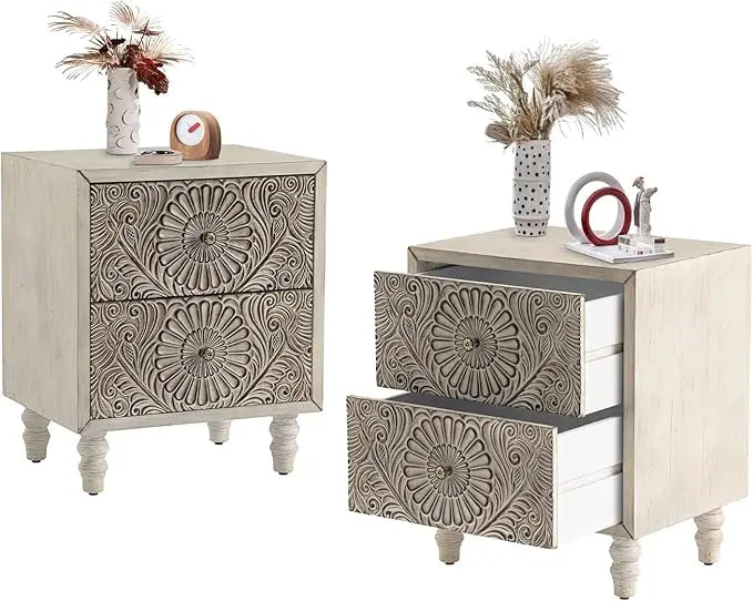 HOPE Vintage Floral Carved Wooden Nightstand Set – 18" Wide Bedside Table with 2 Drawers