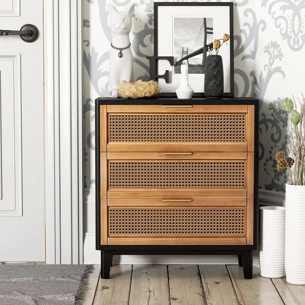 NAVY Farmhouse 3-Drawer Rattan Nightstand - 25" W Black Cane Front Accent Dresser with Brass Pulls