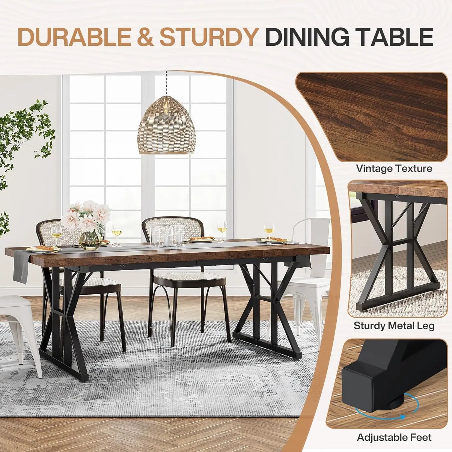 EMILY Rustic Farmhouse Rectangular Dining Table - 70.8" W