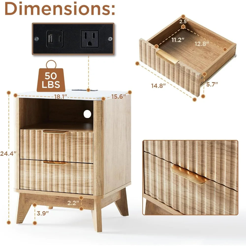 LUCIANA Fluted Farmhouse Nightstand Set of 2 with Charging Statio
