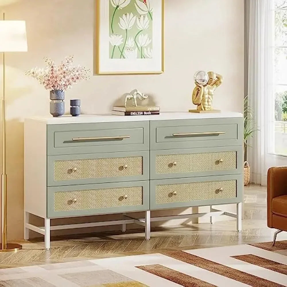 SUTTON Modern Rattan 6 Drawer Dresser - 55" Wood Storage Chest
