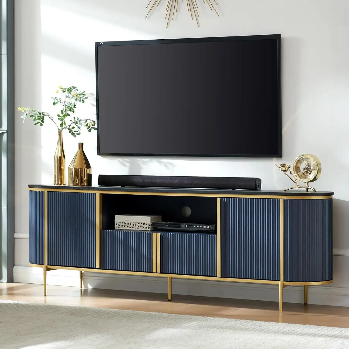 JEREMIAH TV Console with Faux Marble Top, Curved Profile Design - 70" W