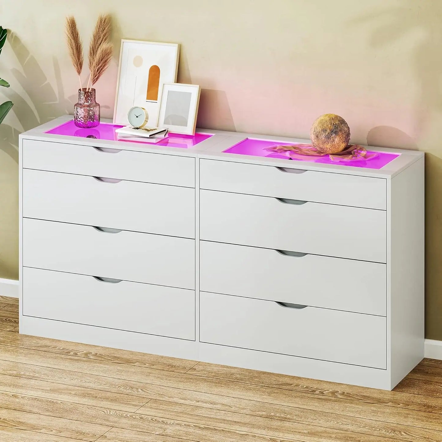 DAKOTA Modern LED Bedroom Dresser – 6 Drawer Storage Chest with Open Shelf & RGB Lights | 49'' W