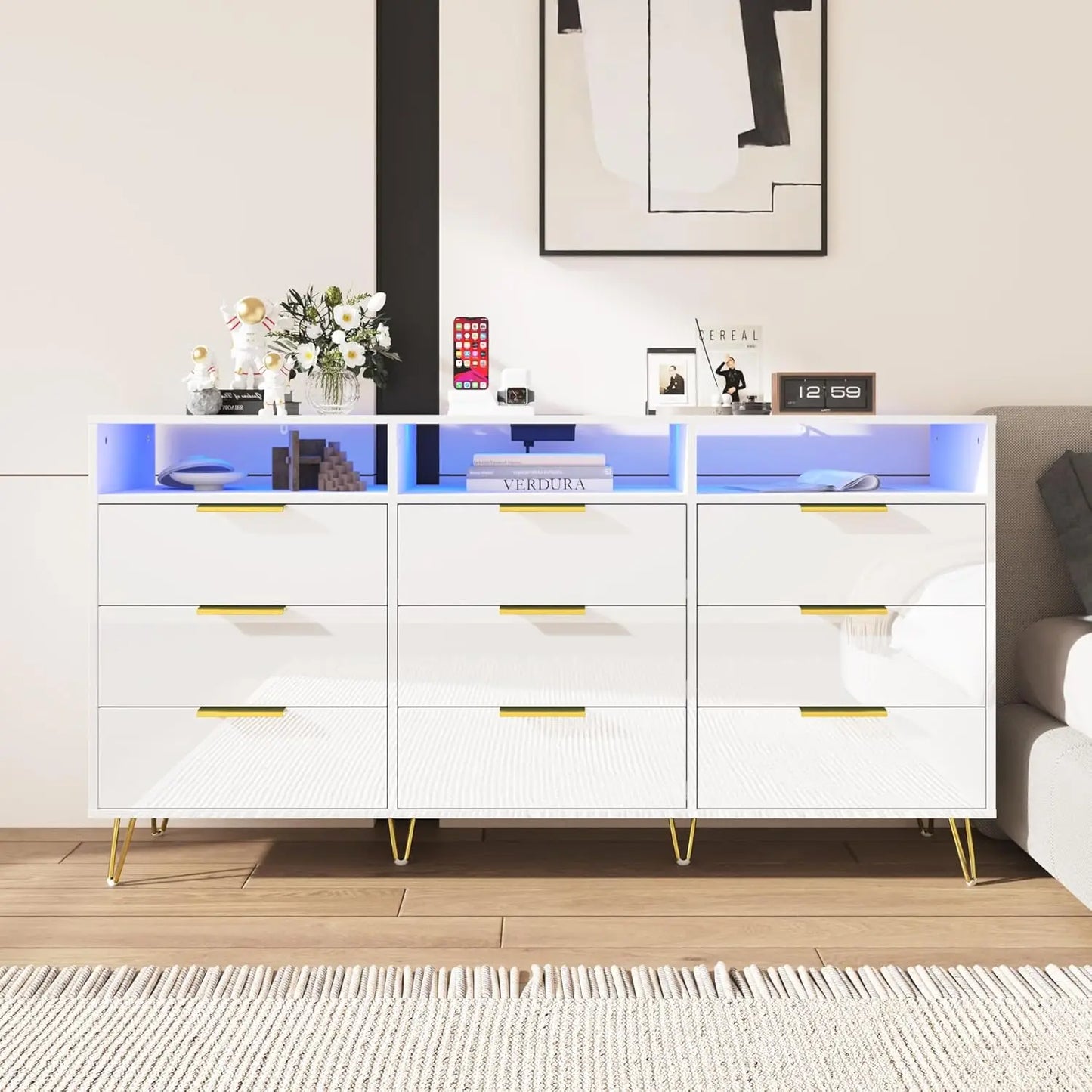 LOLA Modern High Gloss LED Dresser – 6 Drawer Chest with Gold Legs & Open Storage | 55.1'' W