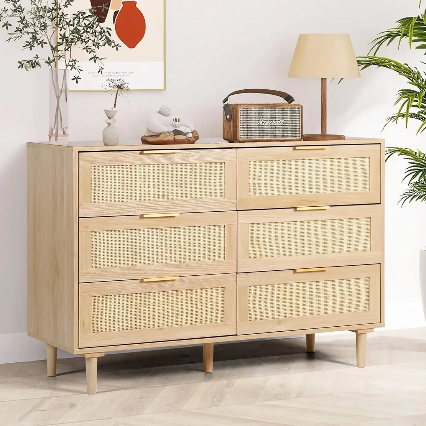 ELIANNA Modern Rattan 6-Drawer Dresser - 43.3" Wide Wood Storage Chest