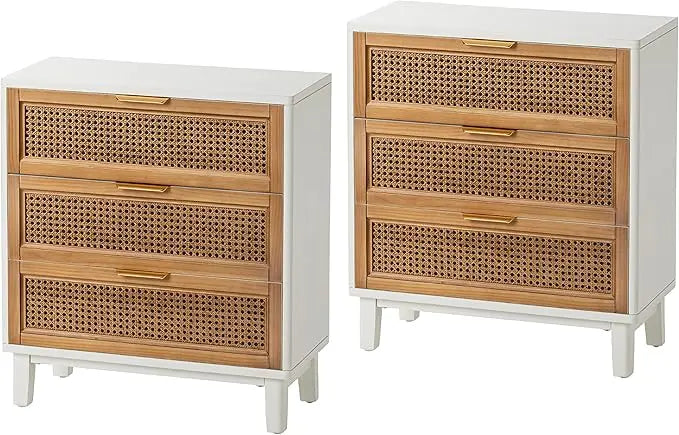 NAVY Farmhouse 3-Drawer Rattan Nightstand - 25" W Black Cane Front Accent Dresser with Brass Pulls