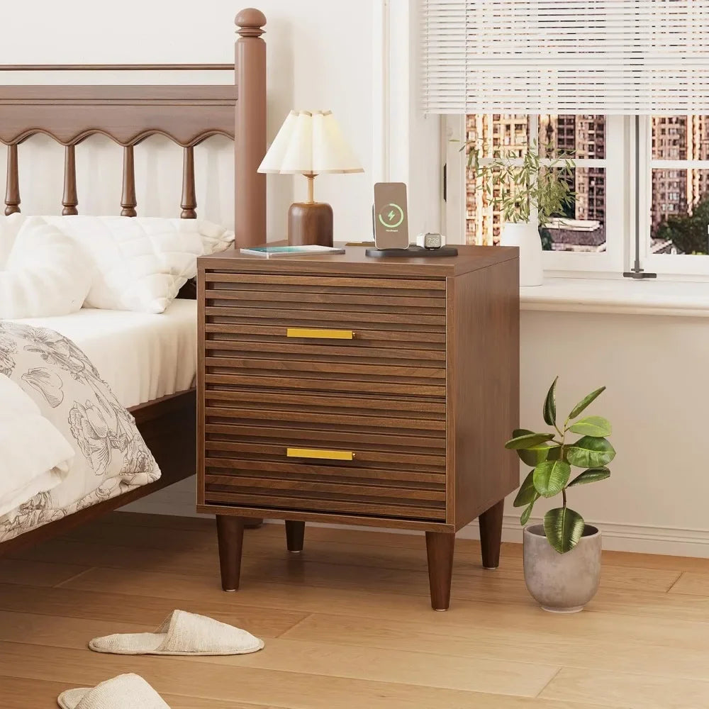ALYSSA Modern Nightstand with Charging Station - 19" Wide Bedside Table with 2 Drawers