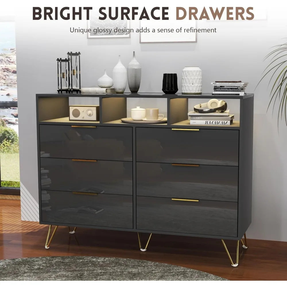 TALIA Modern High-Gloss LED Dresser – 6 Drawer Storage Chest with Open Shelves | 47.2'' W