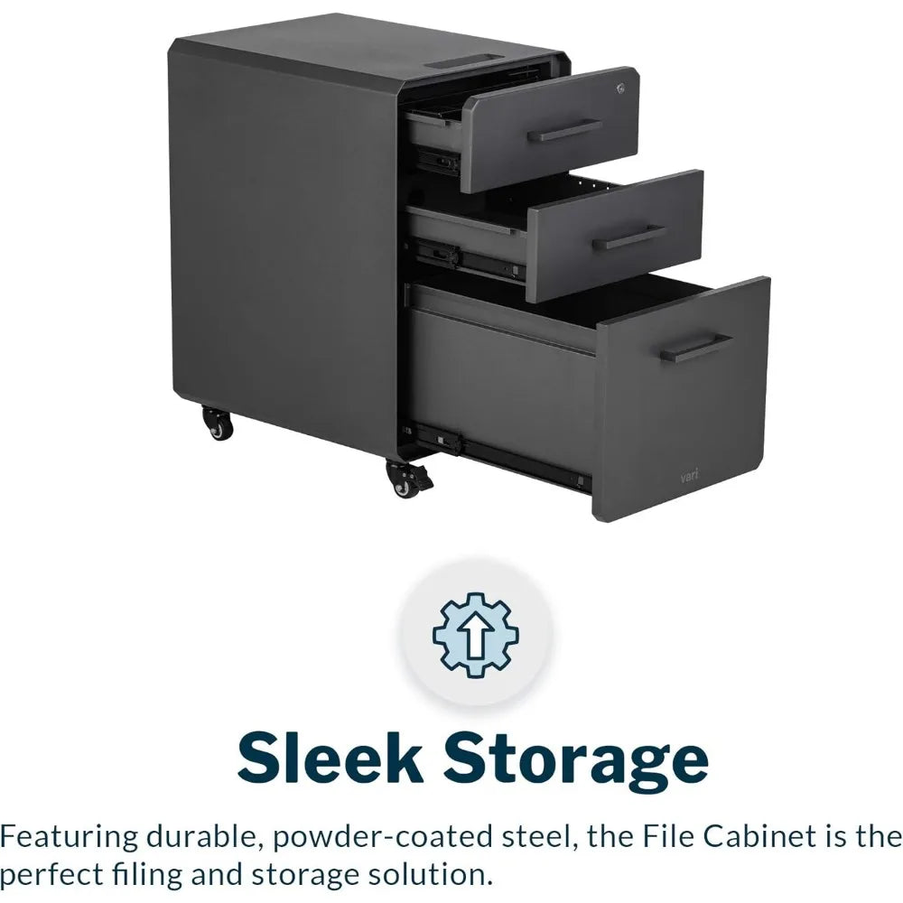 CHARLES Modern Charcoal Grey Mobile Filing Cabinet -3-Drawer Lockable Metal – 15.75" W