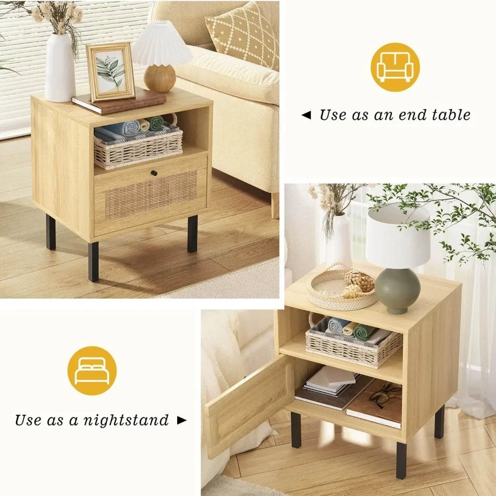 GISELLE Wooden Bedside Table with Metal Legs & Open Shelf - 18.9'' Wide