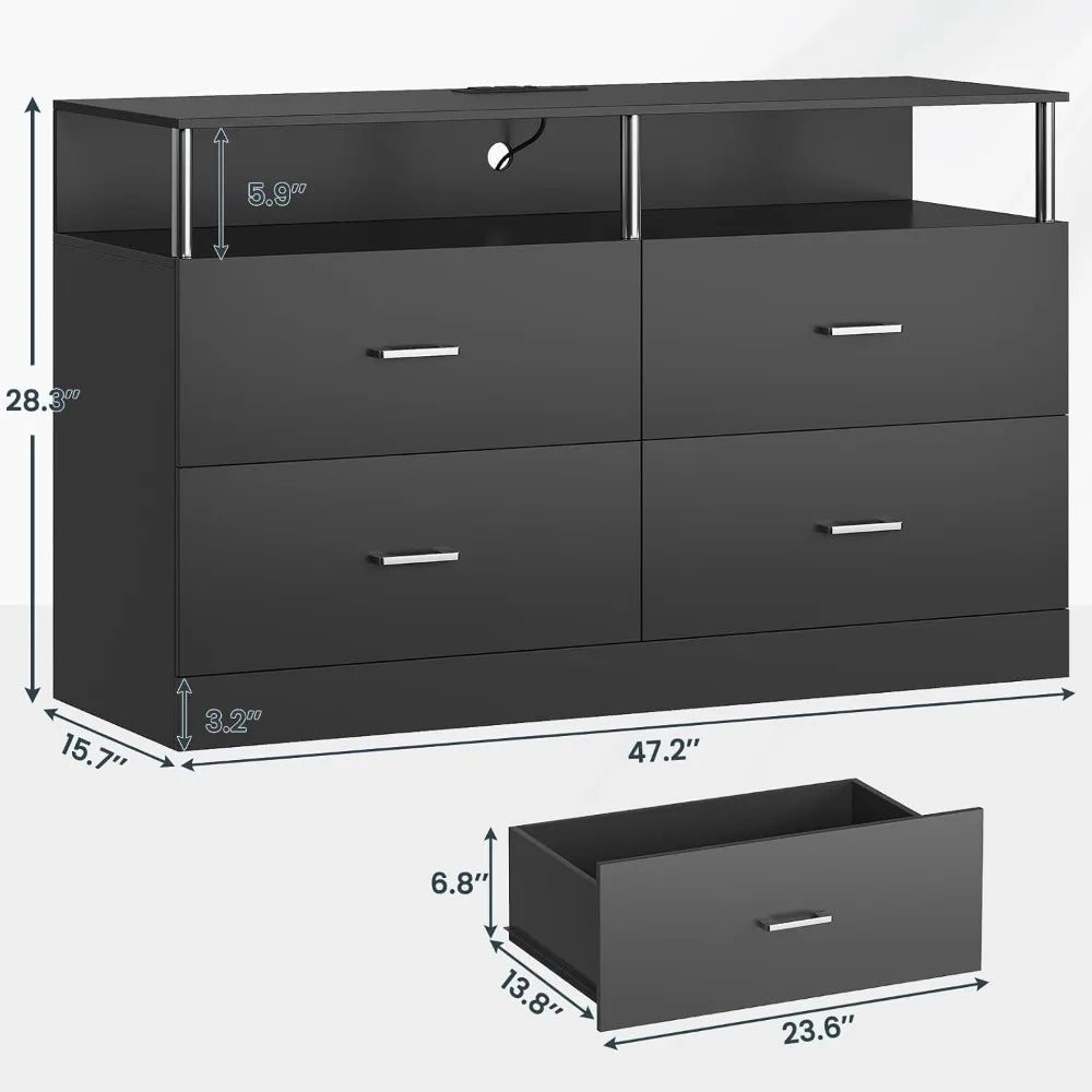 TAYLOR Modern LED Bedroom Dresser – 4 Drawer Storage Chest with Column Design & Charging Station