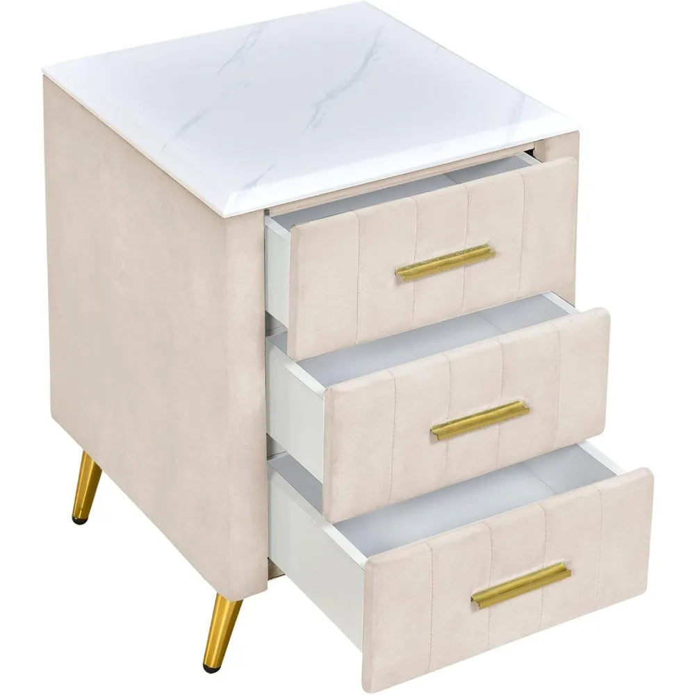 JOANNA Velvet Upholstered Nightstand with Faux Marble Top, 3-Drawer Modern Bedside Table - 16.3''