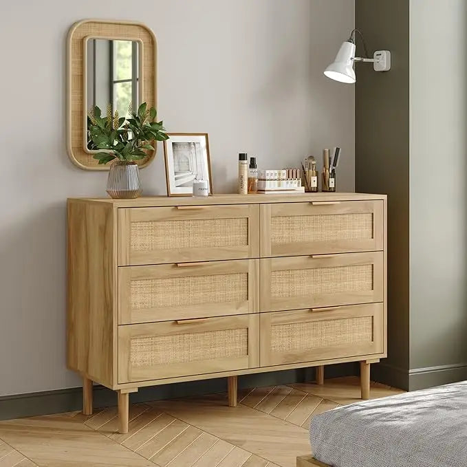 PALMER Modern Rattan 6-Drawer Wooden Dresser - 43" Wide Chest of Drawers