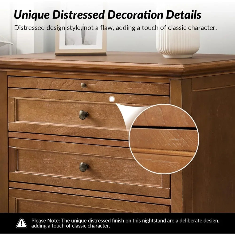ESME Rustic Wood Bedside Table with Charging Station & Pull-Out Shelf - 27''