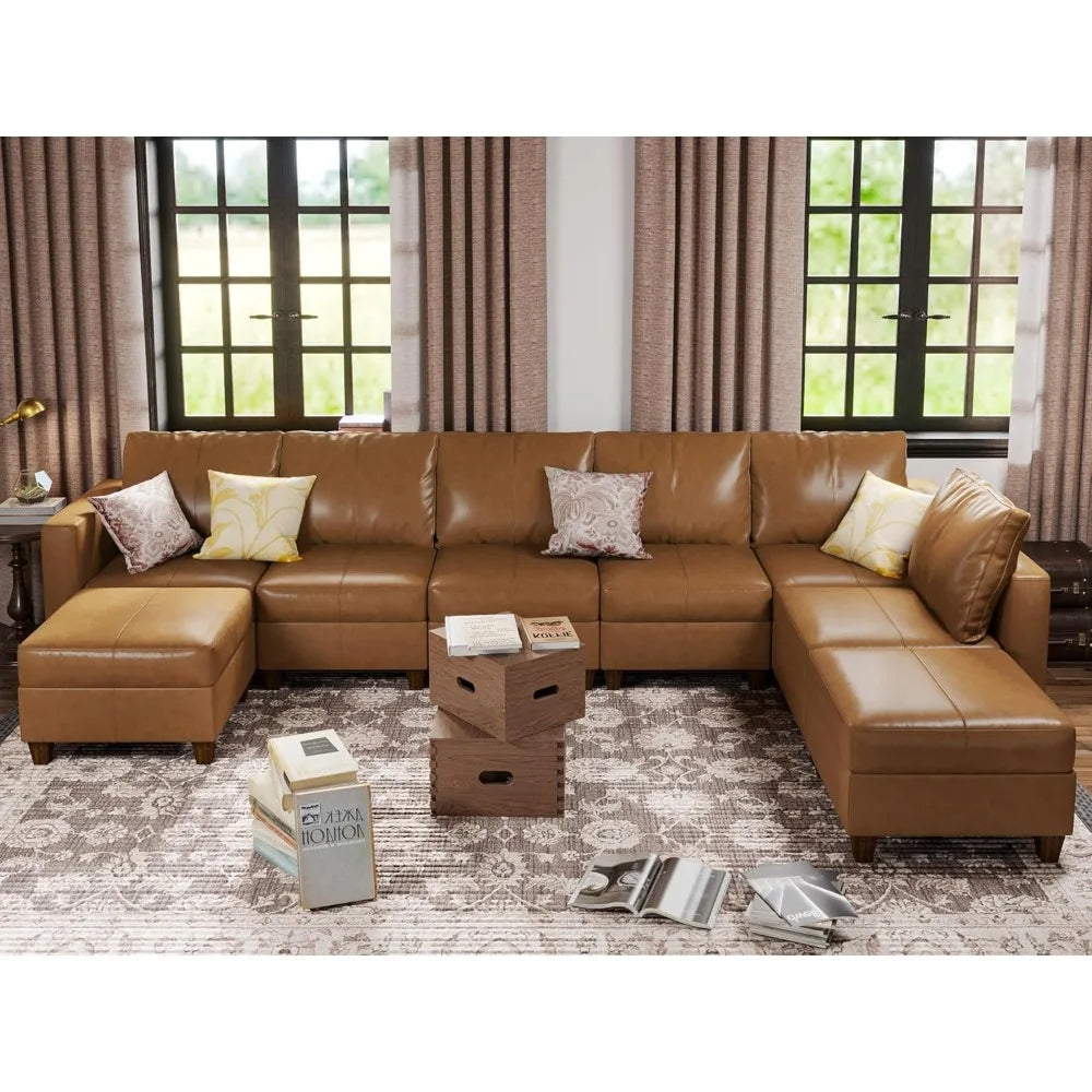 AVERY LuxOra Faux Leather U-Shaped Modular Sectional Sofa | Convertible Sleeper with Storage Ottomans – 118.2″ W