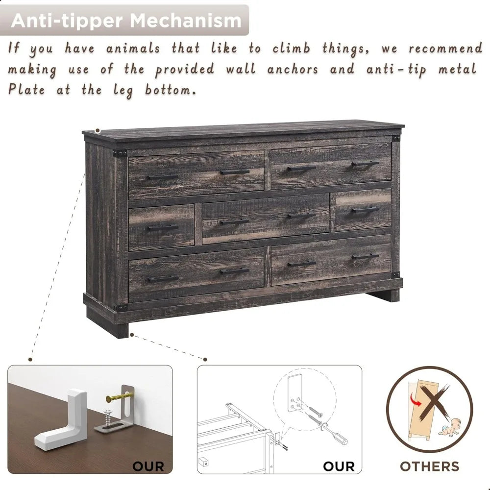 KIARA Farmhouse Rustic 7-Drawer Dresser – Antique Wooden Storage Chest – 54'' Wide Description: