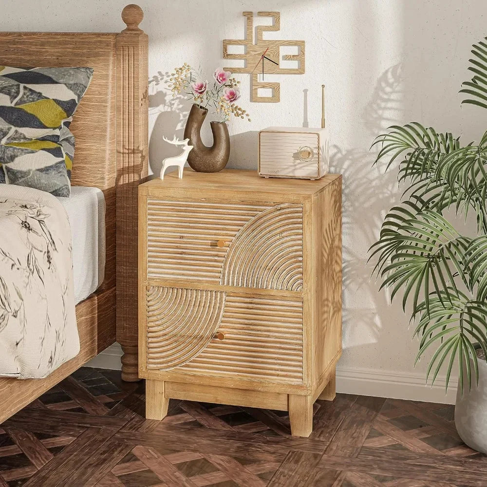 ADELYNN Farmhouse Boho Nightstand with Handcrafted Wood Ring Pattern - 18.5"W