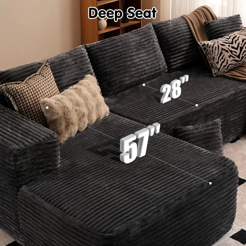 JAMESON Modern Plush Corduroy L-Shaped Cloud Sectional Sofa – Deep Seat Modular Couch | 105.7"W