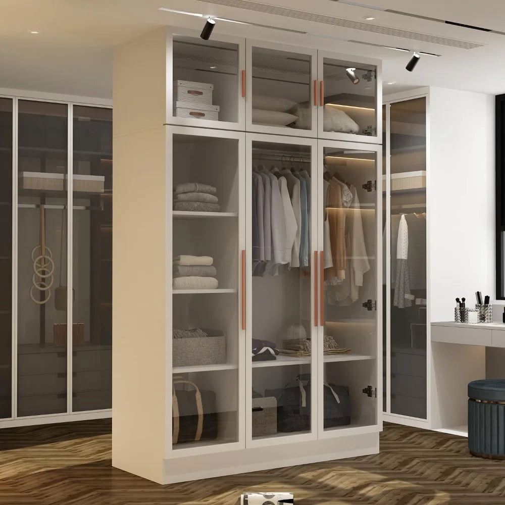 EVERLEE Modern Glass Door Wardrobe Armoire – LED-Lit Closet with Hanging Rod & Shelves