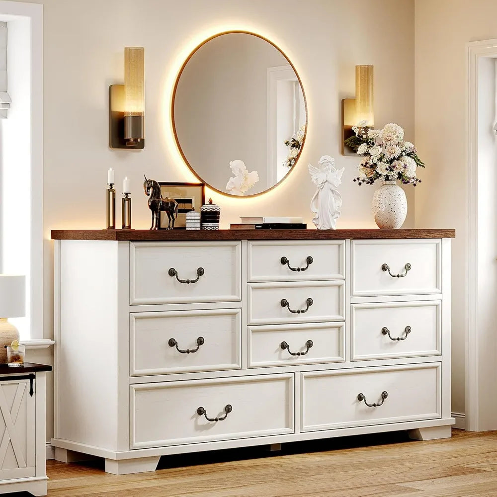 ARABELLA Farmhouse 9 Drawer Wood Dresser - Rustic Chest of Drawers, 52'' Wide