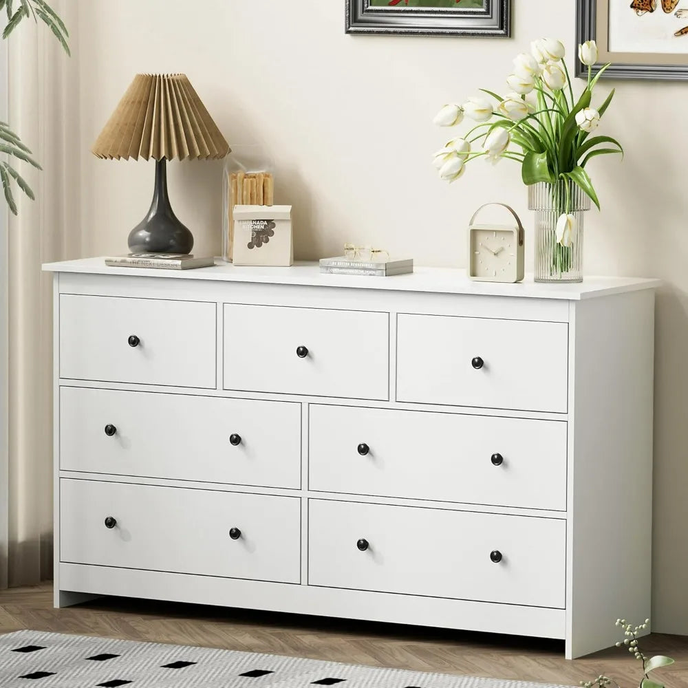 BRYNLEE Modern Minimalist 55'' Wide 7-Drawer Wood Dresser with Gold Handles
