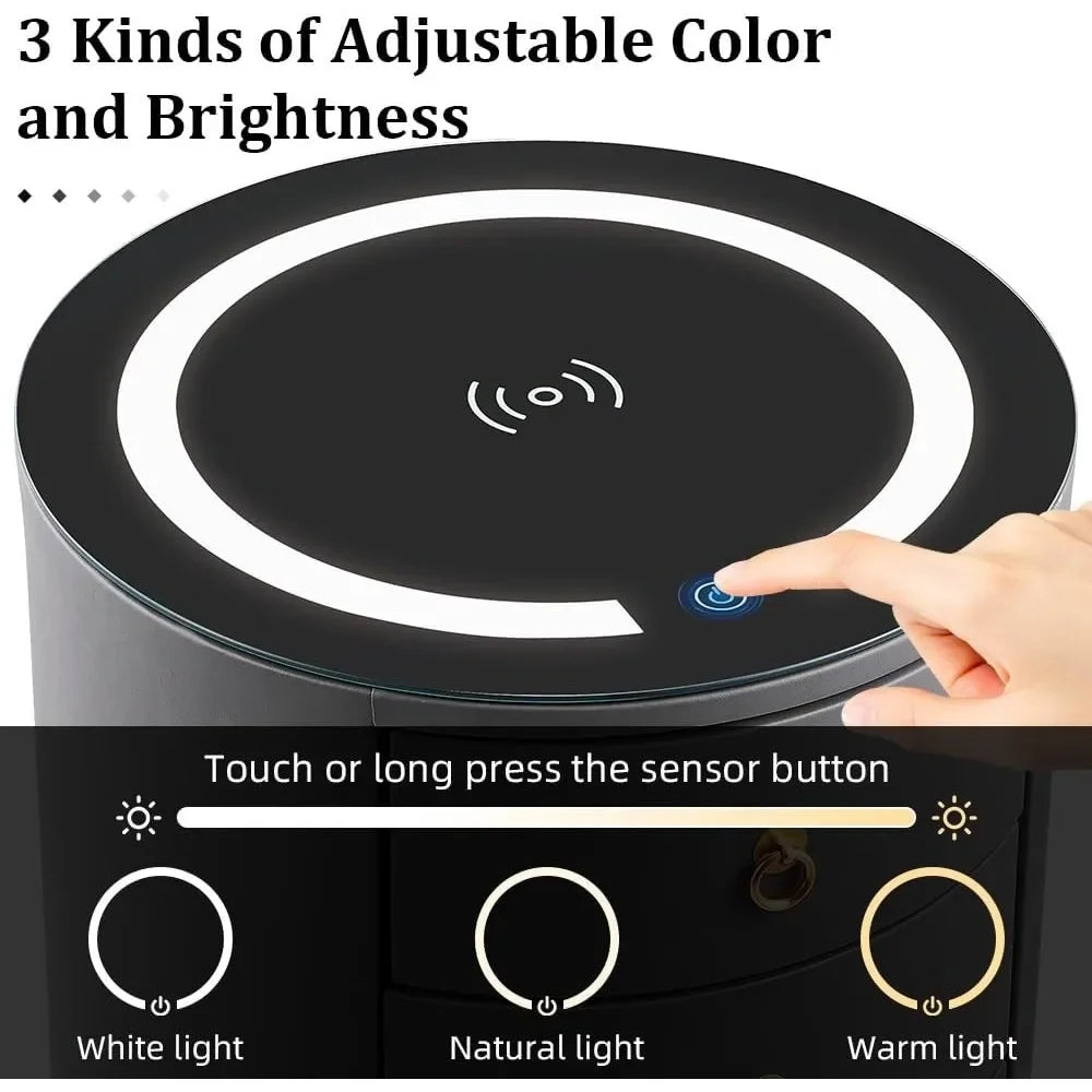 MCKENNA Modern Round Nightstand Set of 2 with Wireless Charging & LED Lights - 18.1''